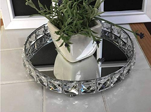 NEW ROUND SHAPE MIRROR CANDLE TRAY JEWELLED DIAMANTE MIRRORED TRAY CRYSTAL CANDLE PLATE WEDDING TABLE TRAY 20CM