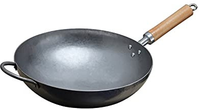 Kunst Antihaft Wok Traditionell Hand Gehämmert Kohlenstoffstahl Pow Wok mit Holz und Stahl Helfergriff (Runder Boden) (Size : 34cm/13.3in)