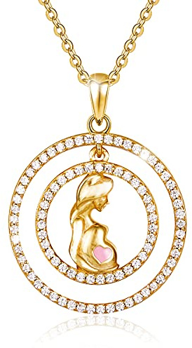 PAVELS Collier maman avec cœur rose plaqué or 18 carats pour femme enceinte pour fête prénatale fille pour sexe annoncer baby shower, Or, Zircone cubique