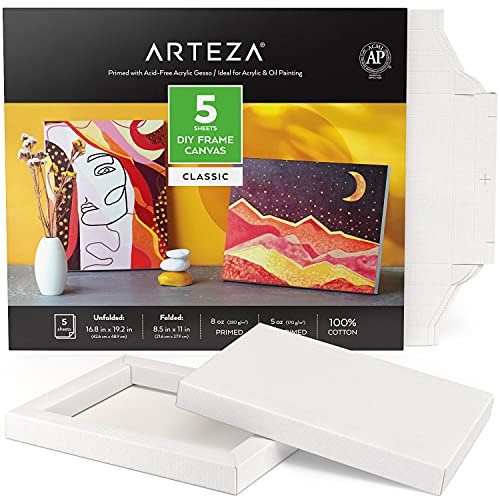 Arteza DIY Leinwand Rahmen, 5 Blatt, 21.33 x 27.94 cm – gefaltet, 100% Baumwolle, 226.79g weiße Leinwand zum Bemalen, Malkarton für Acrylfarben, Ölmalerei und Zeichnungen