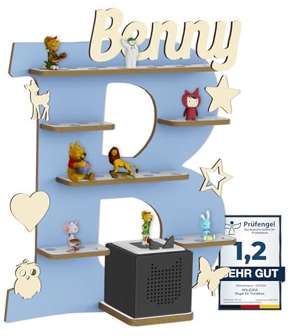 Holzura Tonie Regal für Toniebox, Toniebox Regal personalisiert mit Name und Holzsymbolen, Tonie Aufbewahrung (Buchstabe B)