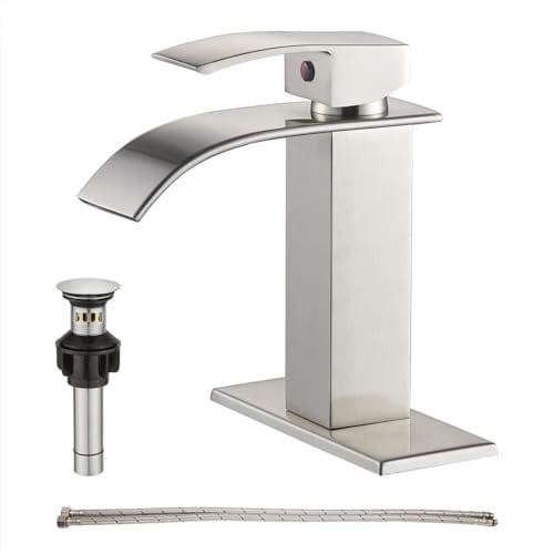 GENBONS Wasserfall-Auslauf-Badezimmerarmatur, Einhebel-Badezimmerwaschtischarmatur mit Pop-Up-Abfluss, Wohnmobil-WC, Wasserhahn, Mischbatterie mit Deckplatte, massives Messing, gebürstetes Nickel