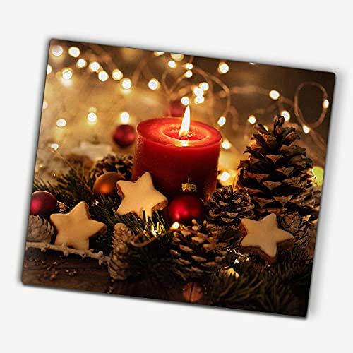 Coloray Glas Schneidebrett zu Weihnachten 60x52cm Servieren von Speisen Herdabdeckplatte Glasabdeckplatte Spritzschutz Gehärtetes Glas - Kerze, Tannenzapfen und Lebkuchen