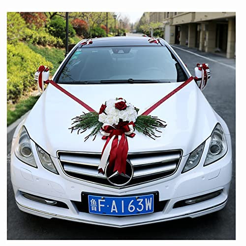Egurs Autoschmuck Hochzeit Braut Paar Rose Deko Brautwagen Girlande Dekoration Hochzeitsauto Blume Schleife Auto Deko Ratan Hochzeit Romantische Atmosphäre weiß + weinrot