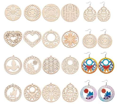 Craftdady Lot de 32 kits de fabrication de boucles d'oreilles pendantes en bois brut creux rond plat en forme de cœur avec crochets et anneaux en acier inoxydable pour la fabrication de bricolage