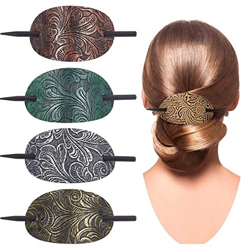Barrettes à Cheveux en Cuir 4 pièces NICENEEDED, Pinces à Cheveux Vintage en Faux Cuir avec Bâton, Porte-Queue de Cheval en Cuir de Forme Ovale Accessoires pour Cheveux pour Femmes Filles