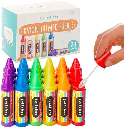 THE TWIDDLERS 24 Seifenblasenstäbe (6 Farben, 8cm, Buntstiftform) für Kinder - Spiele für draußen, nachfüllbar - Kindergeburtstag/Hochzeit Mitgebsel