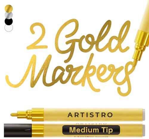 ARTISTRO 2 Metallic, Gold Acrylic Paint Pens for Rock Ceramic Wood Glass Metal Fabric Plastic - 3mm Metallic Paint Markers Ideal for Scrapbooking DIY Crafts Art Projects