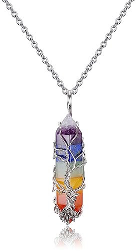 JSDDE 7 Chakra Anhänger Halskette Lebensbaum Wicklung Heilsteine Sechseckige Säule Anhänger Kette Amulett Anhänger Reiki Glücksbringer Schmuck (Stil 2)