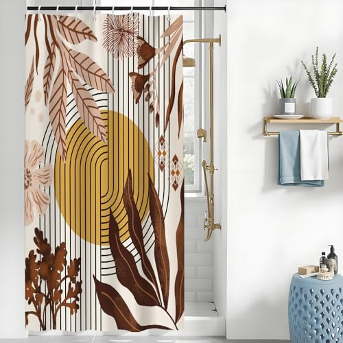 Uiiooazy Tenda Doccia Antimuffa, Tenda da Doccia 120x180cm Boho Style Fiori Rosa Astratta Foglie Giallo Tende da Bagno Tessuto Lavabile Impermeabile Poliestere Tende per Vasca da Bagno con 8 Anelli