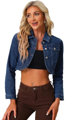 Allegra K Denim Jacket for Women's 2025 Casual Collared Long Sleeve Crop Jean Jackets Small Dark Blue