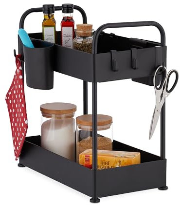 Relaxdays Lavabo Organizador Bajo Fregadero, 2 Estantes, 6 Ganchos y 2 Vasos, 42,5 x 22 x 40 cm, Productos de Limpieza, Negro