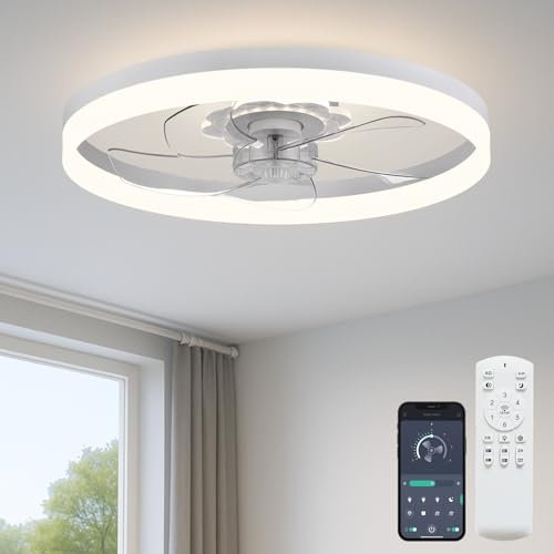Fszdorj 20 Inch Ceiling Fan with Light, Upgraded Low Profile Fan, Flush Mount Ceiling Fan, 6 Speed, Dimmable LED, App & Remote Control, DC Motor