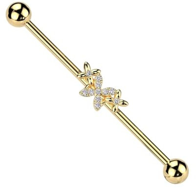 beyoutifulthings Industrial-Piercing Gold Schmetterlinge Zirkonia Clear Industrial-Barbell Industrial-Bar Chirurgenstahl Stab-länge 38-mm