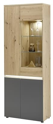 Stella Trading Lille Vitrine in Anthrazit, Artisan Eiche Optik - Moderner Vitrinenschrank mit LED-Beleuchtung und viel Stauraum - 75 x 200 x 38 cm (B/H/T)