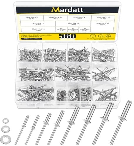 Mardatt Kit assortito di 560 rivetti pop con rondelle, kit assortito di rondelle per rivetti di riserva, rivetti pop, rivetti in alluminio, rondelle in acciaio inox per mobili automobilistici