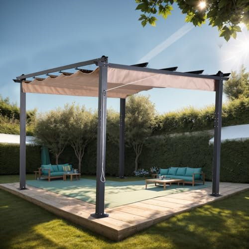 Club Rattan 3 X 3M Aluminum Pergola with Retractable Roof, Gazebo with Sun Shade Canopy for Garden Patio Outdoor, Garden Pergola for BBQ, Outdoor and patio