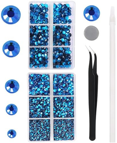YHMQ DU 6616 Stück Aquamarin-Hotfix-Strasssteine, Kristallglas-Edelsteine zum Basteln, Trinkgläser, Kleidung, Hemden, Bling, flache Rückseite, rund, mit Pinzette und Picking-Stift (Set SS6–SS30)