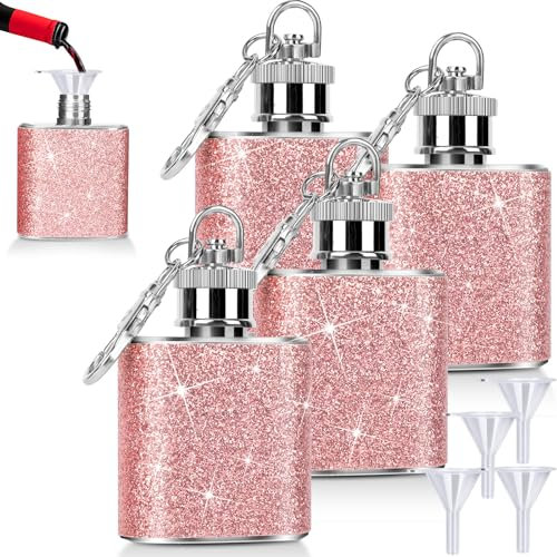 SMAODSGN Hip Flask, 1 Oz Mini Stainless Steel Flask with Funnel, Pink Glitter, Round, for Liquor, Bar, Groomsmen Gifts