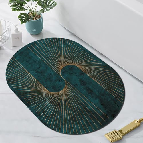 LONGSAO Oval Kurzflor Designer Teppich extra weich fürs Wohnzimmer, Schlafzimmer, Esszimmer oder Kinderzimmer Abstrakte Linie dunkelgrünes Gold,120 x 160 cm
