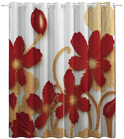 Srigzcaly Vorhänge Deko Verdunkelung Größe: 2 X B140 x H245cm - Vintage Boho Blumen Blickdicht Gardinen Wohnzimmer Lärmschutz Thermogardine, Rot Ösenvorhang für Schlafzimmer Kinderzimmer