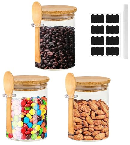 CIMOYBAI 3 Stück Glasbehälter Mit Deckel Und Löffel, 650ml Vorratsdosen Mit Etiketten Und Kugelschreiber, Overnight Oats Gläser, Vorratsdosen Glas Für Müsli Zucker Nudeln Mehl Kaffeebohnen