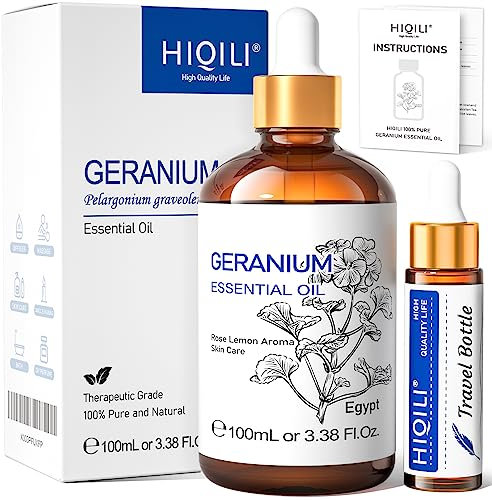 HIQILI 100ml Olio Essenziale di Geranio per Pelle, Diffusore e Candela, 100% Puro e Naturale
