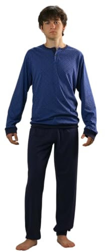 ARTIGIANI DEL PIGIAMA Pigiama Manica Lunga Pantalone Lungo 100% Cotone Modello Serafino e Pantaloni con Polsino e Taschino 100% Made in Italy (IT, Numero, 54, Regular, Regular, Fantasia Blu)