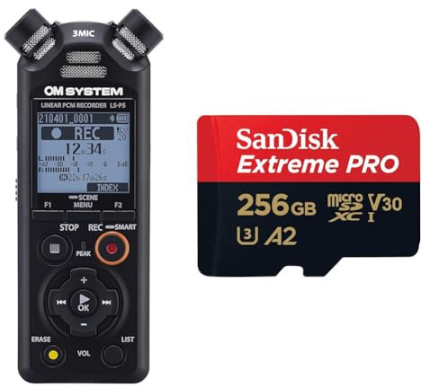 OM SYSTEM LS-P5 Hi-Res Audiorekorder mit TRESMIC II 3-Mikrofonsystem & SanDisk Extreme PRO microSDXC UHS-I Speicherkarte 256 GB + Adapter & RescuePRO Deluxe