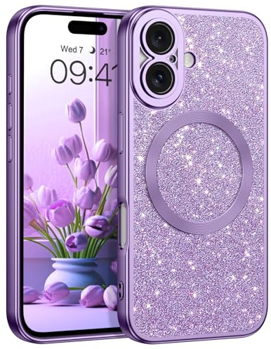 YINLAI for iPhone 16 Magnetic Case[Compatible with Magsafe] Glitter Protective Cover Slim for Women Shockproof Bling Phone Case for iPhone 16 6.1, Purple