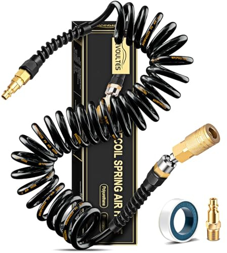 EVOULTES 1/4 In x 28 Ft Polyurethane Recoil Air Hose, Repairable Air Compressor Hose with Detachable Bend Restrictor, Air Hose kit w/ 360° Swivel 1/4 NPT Coupler & Brass Quick Connect Air Fittings
