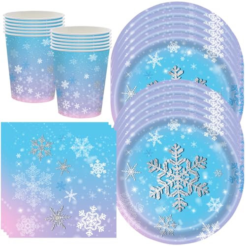 YGCHEN Fiocco di Neve Stoviglie per Feste Natale Decorazioni Natale Stoviglie di Compleanno Bicchieri Piatti Carta Tovaglioli Decorazione per Feste di Natalizie Stoviglie 20 Ospiti