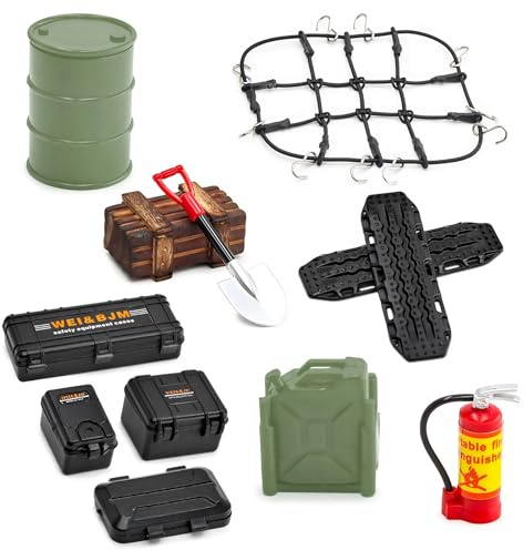 Ezweiji RC Crawler Car Decorazione per tetto 12 in 1, contenitore serbatoio, rete bagagli, pala, Traxxas Desert Racer Slash Axial 1/18 TRX4M 1/24 SCX24
