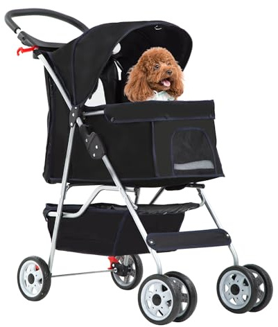 FDW Hundewagen, Faltbar Hundebuggy, Katzenwagen mit 2 360°Drehrädern, Inkl. Aufbewahrungskorb,Kissen&Netzfenstern Getränkehalter 4 Räder, bis 15 kg, Klappbar Haustierbuggy Jogger Buggy, Schwarz