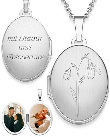 AMOONIC Medaillon Silber 925 oval mit Geburtsblume Schneeglöckchen Geburtsmonat Januar | Foto Amulett Anhänger antik vintage | personalisierte Halskette Damen