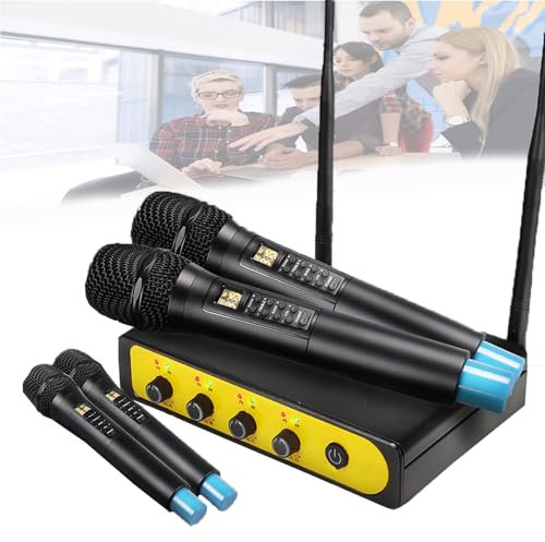 Dual Wireless Mics,4-Channel Handheld Wireless Mic,with 4 Handheld Dynamic Microphones,Built-in Reverb Function,30m Long Distance Reception,Supports Smart Tv,Home Theater,Sound Bar