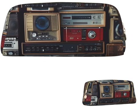 QMNEHJ Federmäppchen, großes Fassungsvermögen, PU-Leder, Stifteetui, Vintage, Wand, Radio, Boombox, kleiner Reißverschluss, Schreibwaren-Tasche, ästhetische Stifttasche, niedliche Bleistiftbox