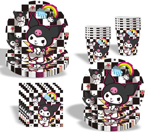 Kuromi - Juego de vajilla para fiesta de cumpleaños para niños, juego de accesorios para fiestas de cumpleaños de dibujos animados, decoración de cumpleaños Ku-romi, juego de decoración de cumpleaños