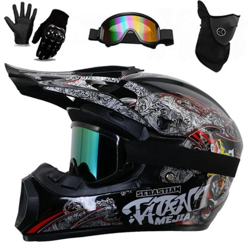 Youth Adult Electric Dirt Bike Full Face Motorbike Helmet Set for Boys Girls Quad Bikes BMX MTB ATV Offroad Helmet with Goggles Gloves Mask DOT Approved(226 black motorcycle,M(56-57CM))