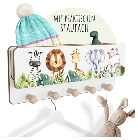 Holzura Kindergarderobe Holz mit Ablage – Wandgarderobe Kinder mit 5 Haken, Montessori Garderobenleiste