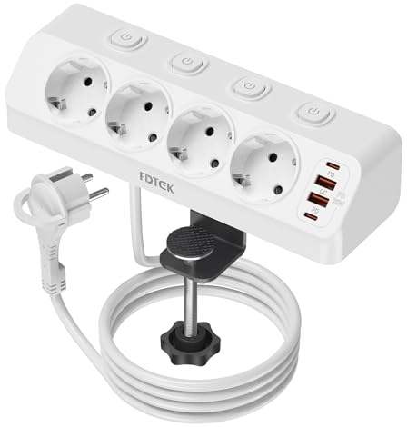 Regleta Enchufe con Proteccion Sobretension, FDTEK Enchufe de Mesa con USB C Carga Rápida PD20W, Ladron Enchufe con Cuatro Interruptores Independientes, Regleta con Dispositivo de Sujecióncon, Blanco