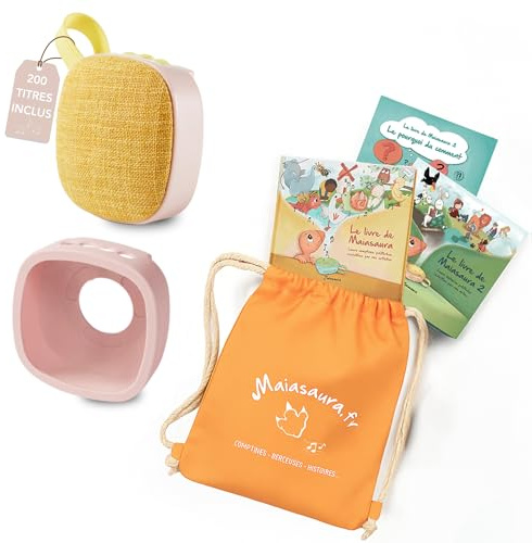 MAIASAURA - Coffret Cadeau Boite à Histoires et Musique pour Enfant | 200 Titres pour 10 Heures de Contenu, 3 Livres, 1 Coque, 1 Sac de Transport, Enregistrez votre Voix et vos Contenus MP3