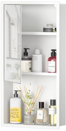 Bernkot Douche niche murale en acier inoxydable - 60 x 30 x 10 cm - Avec porte - Nishce encastrée - Pour rangement de salle de bain, armoire à pharmacie - Avec 3 niveaux - Blanc