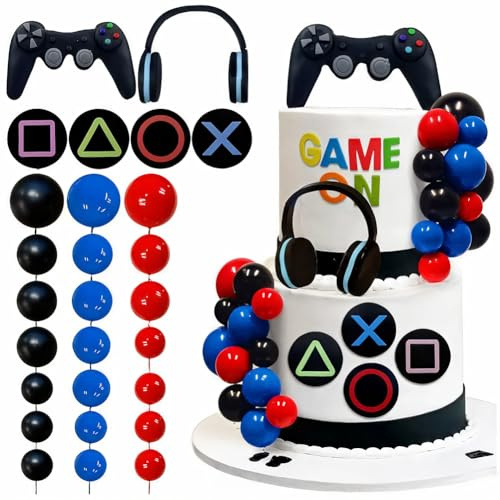 Gaming Cake Toppers Set Video Game Cake Decorations with Controller,Headset & Game Symbol Toppers Ball for Boys Gamer Party Cake Supplies (Black)