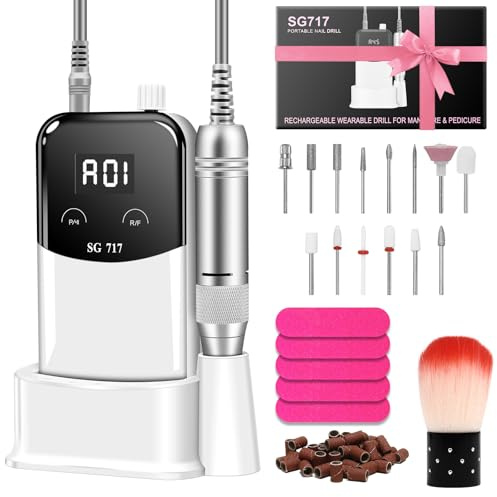 ABIULUM Electric Nail Drill Machine, 45000RPM Portable Nail File | Rechargeable Efile Nail Drill Kit with Dual 1800mAh Battery, LCD Display, Belt Clip for Acrylic Gel Nails Salon Home Manicure