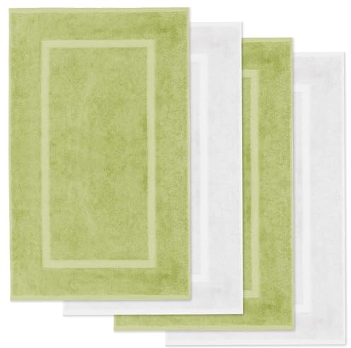 Lavea® 4er Set Badematte 50x80 cm – Badezimmerteppich 100% Baumwolle, 800 g/m², saugstark, waschbarer Badteppich, Badvorleger für Badezimmer, Dusche, Frottierserie Elena – Lindgrün & Weiß