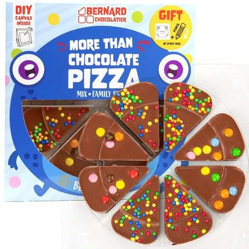 Pizza en chocolat au lait 8 Parts décorée de confiseries – Chocolat fantaisie à partager – Cadeau original pour enfants, anniversaire ou fête