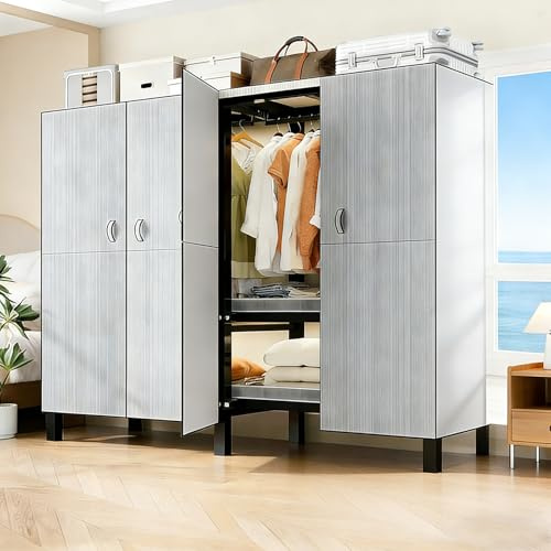 Armario Plegables Portátil, Armarios de Tela con Ruedas y 2 Barras de Colgar, Armario de Tela Almacenamiento Multifuncional de Gran Capacidad, Carga de 907 kg, para Dormitorio (D, gray door, 125cm)