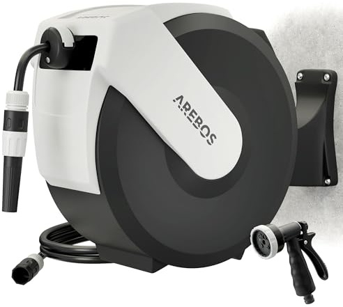 Arebos Avvolgitubo Automatico da Parete 25 m con Tubo Multistrato | Rotazione 180° | Sistema di Blocco | 7 Modalità di Spruzzo