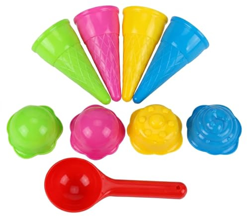 9-Piece Plastic Ice Cream Sand Toy Colorful Beach Sand Molds with Scoop and Cones Portable Sandpit Play Accessories Interchangeable Toys for Outdoor Beach Garden Backyard Activities